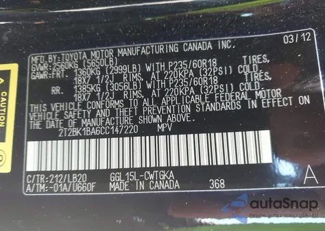 2012 Lexus Rx 350 from USA, damaged, VIN 2T2BK1BA6CC147220